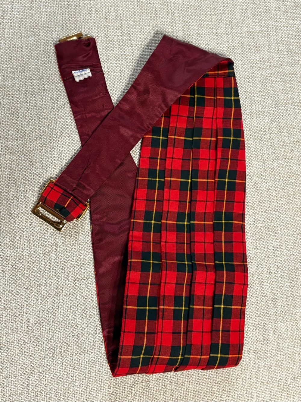Vintage Made in England Tartan Plaid Cummerbund Self Tie Bow Tie Set Medium